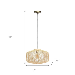 HomeRoots Natural Rattan Ceiling Light with Silver Frame - Adjustable Height, Bohemian Style for Modern Spaces 651675