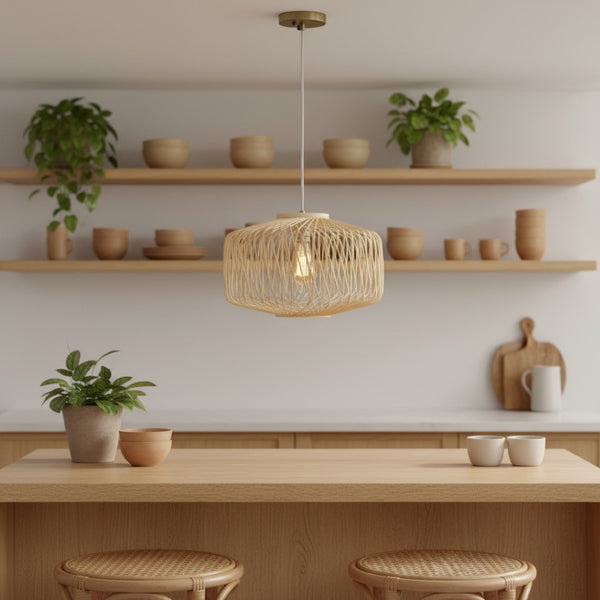 HomeRoots Natural Rattan Ceiling Light with Silver Frame - Adjustable Height, Bohemian Style for Modern Spaces 651675