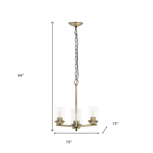 HomeRoots Antiqued Brass Three-Light Chandelier with Clear Shades - Elegant Iron Ceiling Fixture for Any Room 651689