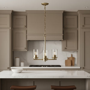 HomeRoots Antiqued Brass Three-Light Chandelier with Clear Shades - Elegant Iron Ceiling Fixture for Any Room 651689
