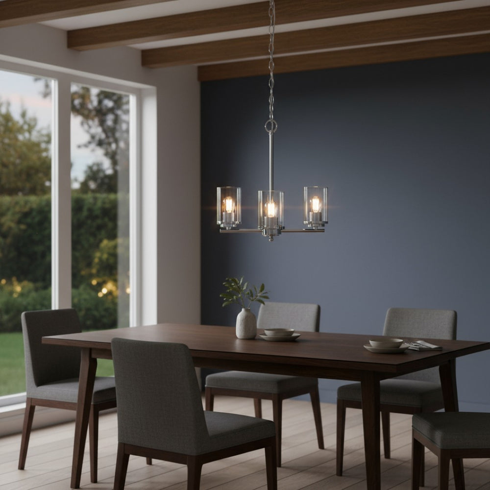 HomeRoots Silver Three-Light Chandelier with Clear Glass Shades - Elegant Iron Ceiling Light for Any Space 651691