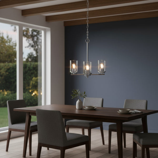 HomeRoots Silver Three-Light Chandelier with Clear Glass Shades - Elegant Iron Ceiling Light for Any Space 651691