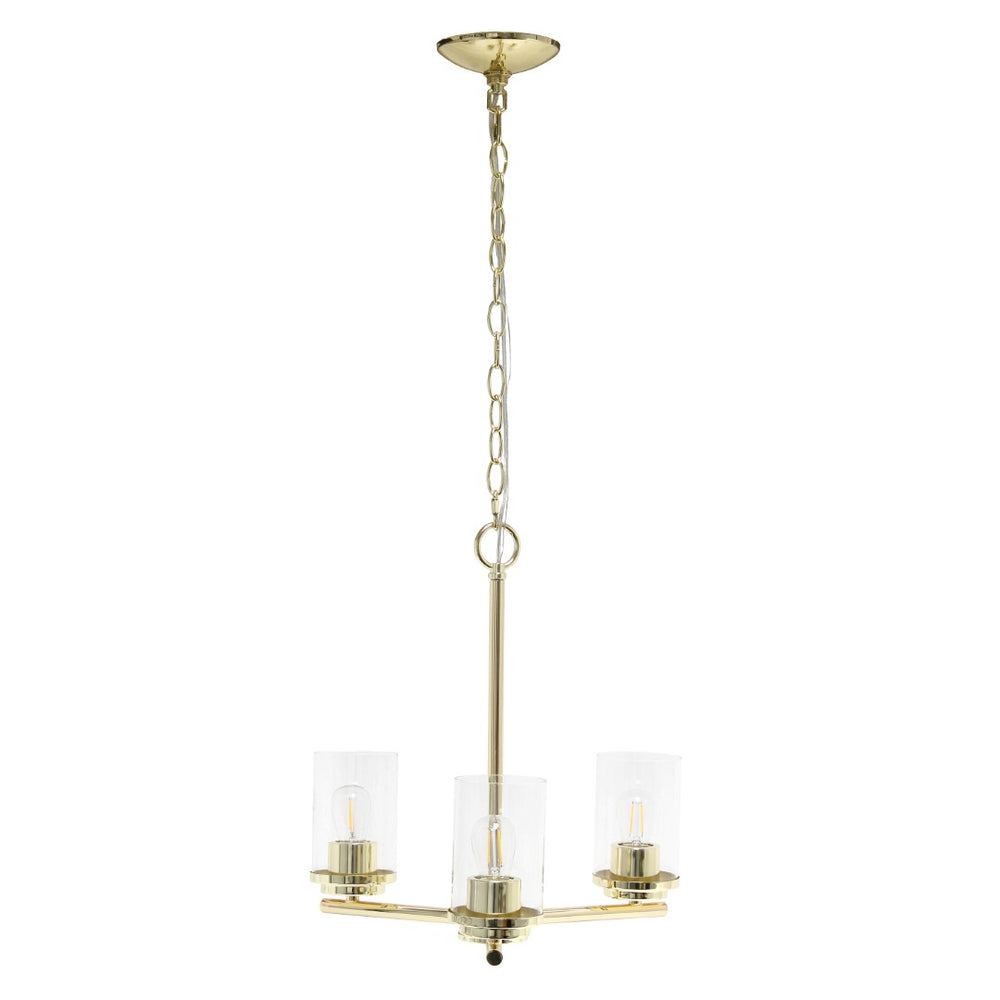 HomeRoots Gold Three-Light Chandelier: Elegant Iron Ceiling Fixture with Clear Glass Shades for Modern Spaces 651692