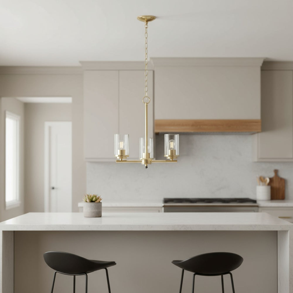 HomeRoots Gold Three-Light Chandelier: Elegant Iron Ceiling Fixture with Clear Glass Shades for Modern Spaces 651692