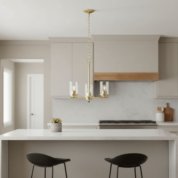 HomeRoots Gold Three-Light Chandelier: Elegant Iron Ceiling Fixture with Clear Glass Shades for Modern Spaces 651692