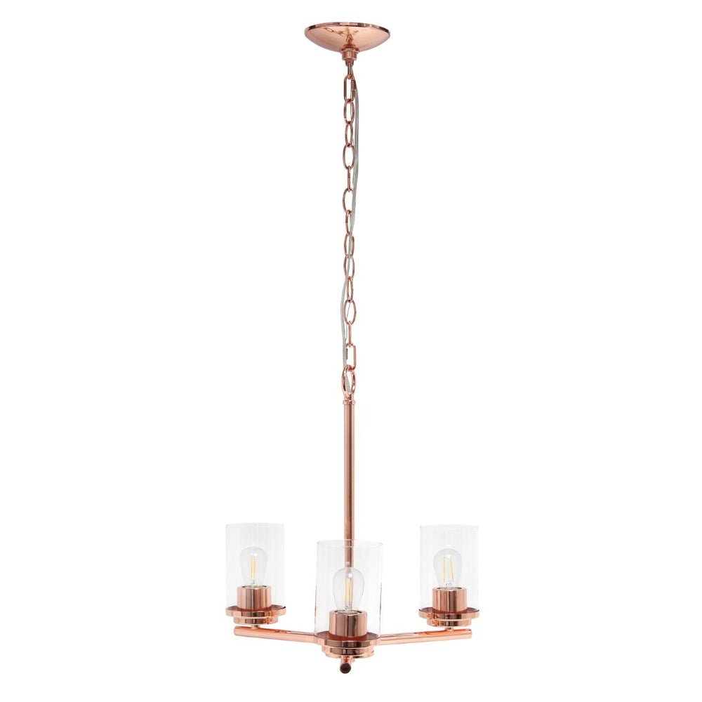 HomeRoots Rose Gold Three-Light Chandelier: Elegant Iron Ceiling Fixture with Clear Glass Shades for Any Room 651694