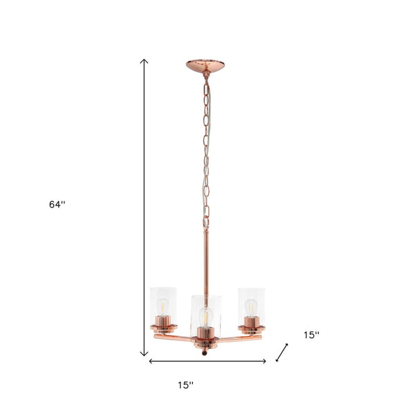 HomeRoots Rose Gold Three-Light Chandelier: Elegant Iron Ceiling Fixture with Clear Glass Shades for Any Room 651694