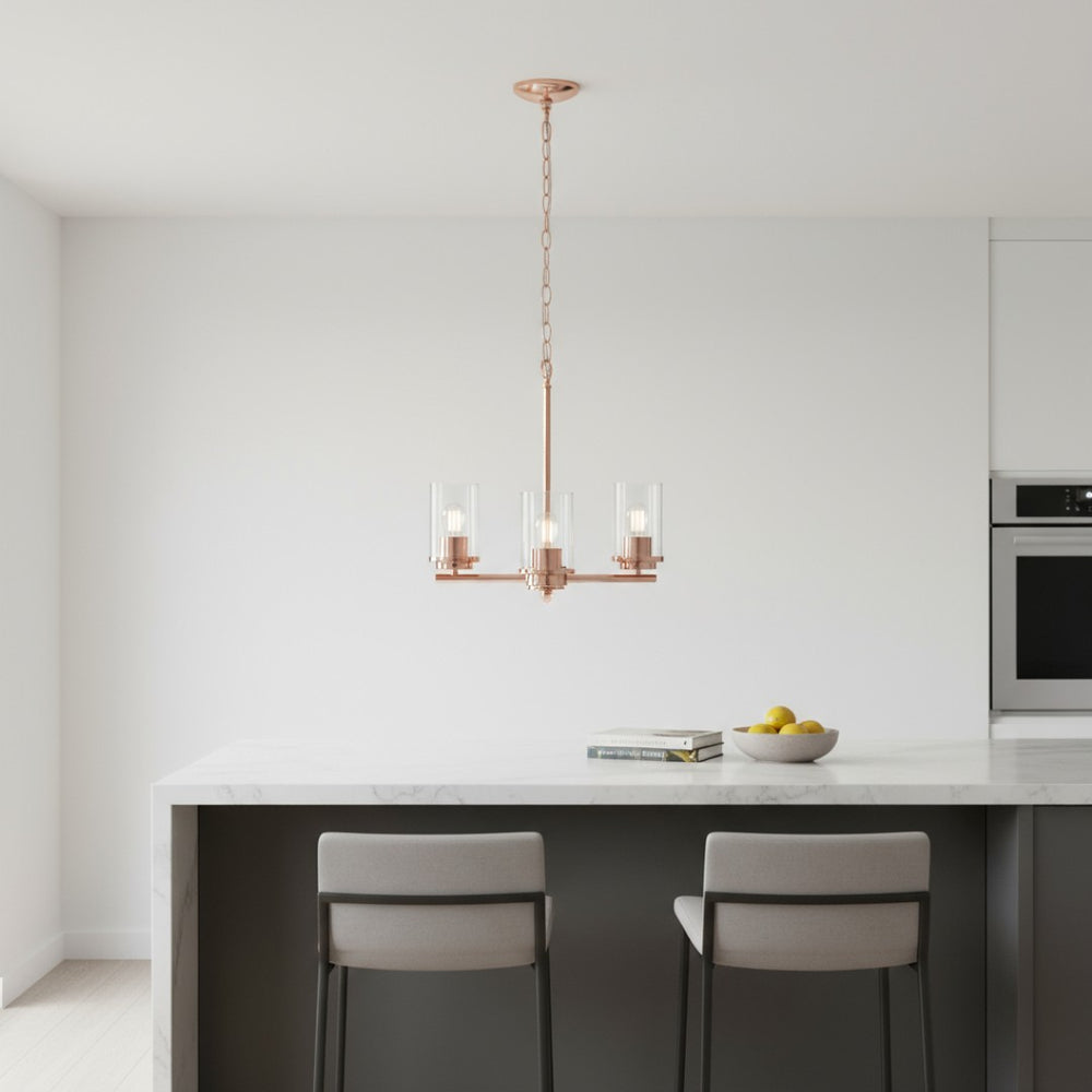 HomeRoots Rose Gold Three-Light Chandelier: Elegant Iron Ceiling Fixture with Clear Glass Shades for Any Room 651694