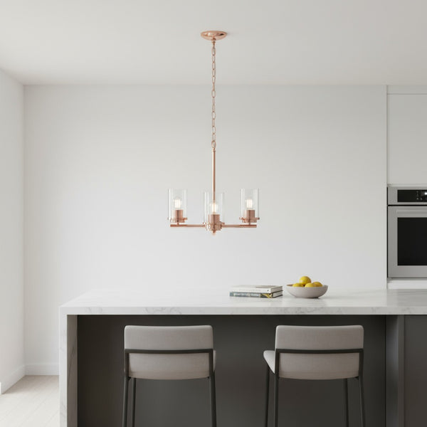 HomeRoots Rose Gold Three-Light Chandelier: Elegant Iron Ceiling Fixture with Clear Glass Shades for Any Room 651694