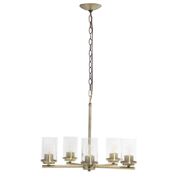 HomeRoots Antiqued Brass Five-Light Chandelier with Clear Shades – Timeless Iron Ceiling Light for Any Space 651695