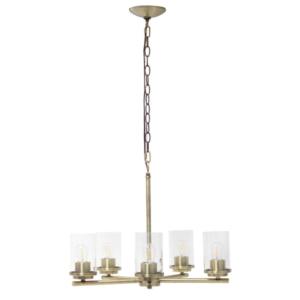 HomeRoots Antiqued Brass Five-Light Chandelier with Clear Shades – Timeless Iron Ceiling Light for Any Space 651695