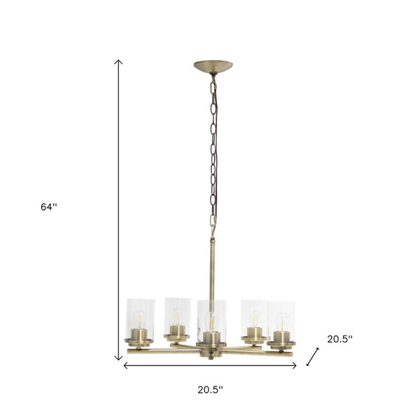 HomeRoots Antiqued Brass Five-Light Chandelier with Clear Shades – Timeless Iron Ceiling Light for Any Space 651695