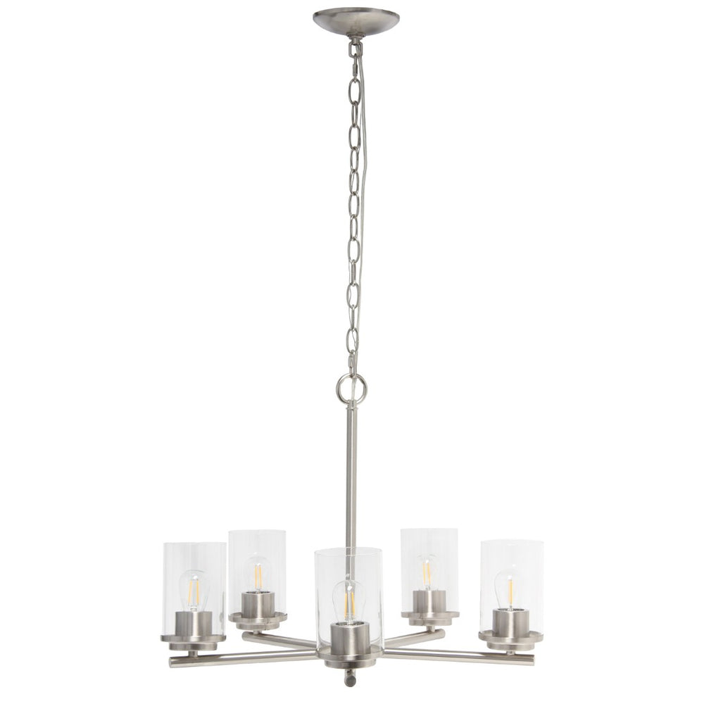 HomeRoots Nickel Five-Light Chandelier with Clear Glass Shades – Elegant Iron Ceiling Light for Any Space 651696