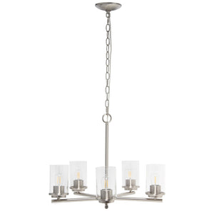 HomeRoots Nickel Five-Light Chandelier with Clear Glass Shades – Elegant Iron Ceiling Light for Any Space 651696