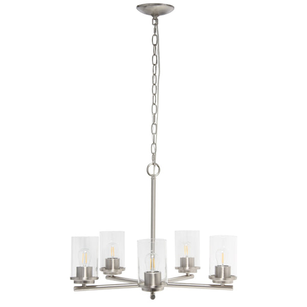 HomeRoots Nickel Five-Light Chandelier with Clear Glass Shades – Elegant Iron Ceiling Light for Any Space 651696