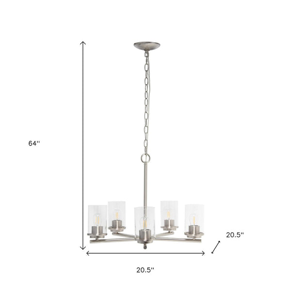 HomeRoots Nickel Five-Light Chandelier with Clear Glass Shades – Elegant Iron Ceiling Light for Any Space 651696