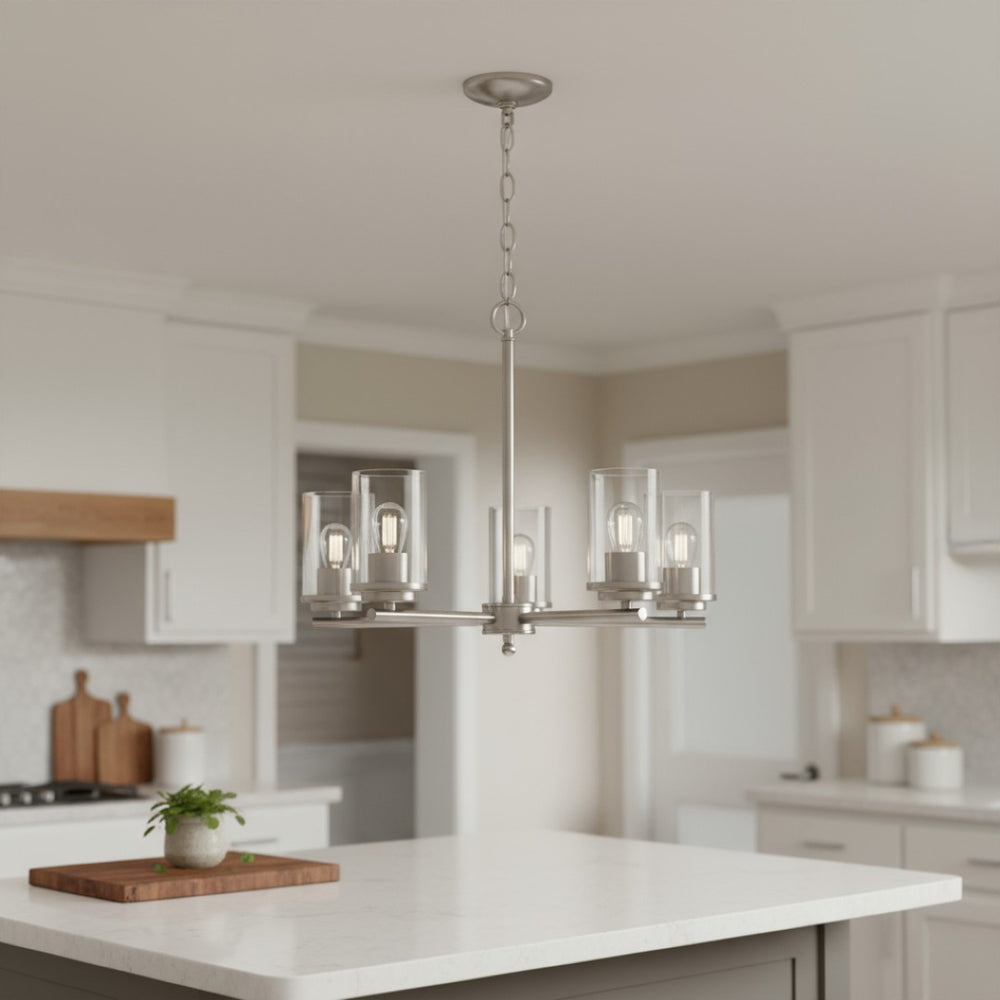 HomeRoots Nickel Five-Light Chandelier with Clear Glass Shades – Elegant Iron Ceiling Light for Any Space 651696