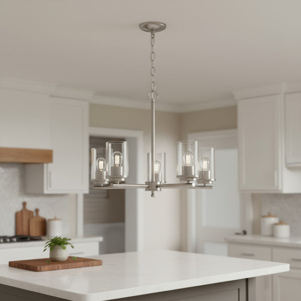 HomeRoots Nickel Five-Light Chandelier with Clear Glass Shades – Elegant Iron Ceiling Light for Any Space 651696