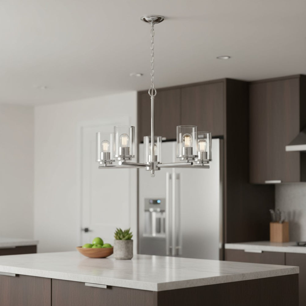 HomeRoots Silver Five-Light Chandelier - Elegant Iron Ceiling Light with Clear Shades for Modern Interiors 651697