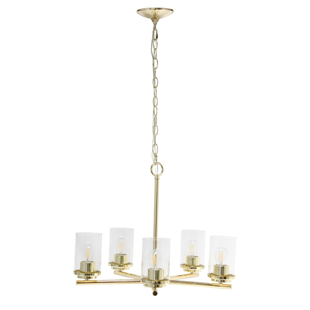 HomeRoots Gold Five-Light Chandelier – Elegant Iron Ceiling Fixture with Clear Glass Shades for Timeless Style 651698