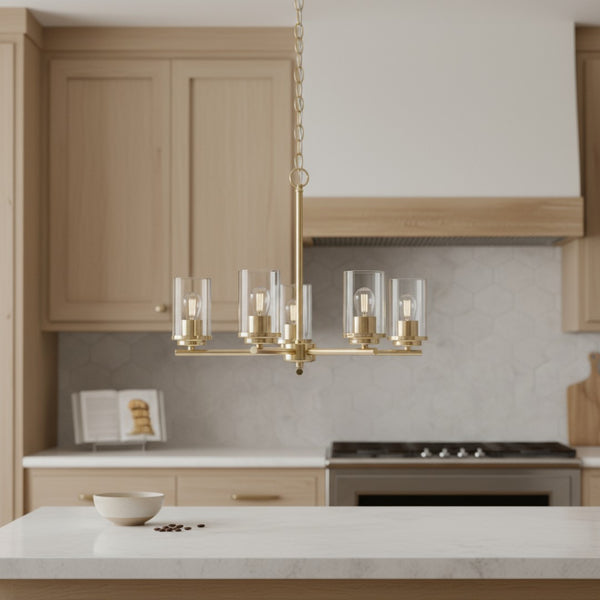 HomeRoots Gold Five-Light Chandelier – Elegant Iron Ceiling Fixture with Clear Glass Shades for Timeless Style 651698