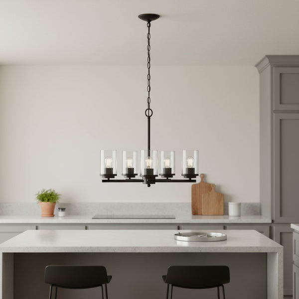 HomeRoots Bronze Five-Light Chandelier - Elegant Iron Ceiling Fixture with Clear Glass Shades for Any Space 651699