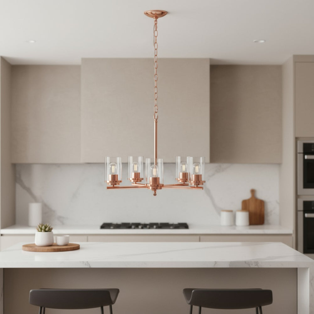 HomeRoots Rose Gold Chandelier - Elegant Five-Light Iron Ceiling Fixture with Clear Glass Shades for Home Decor 651700