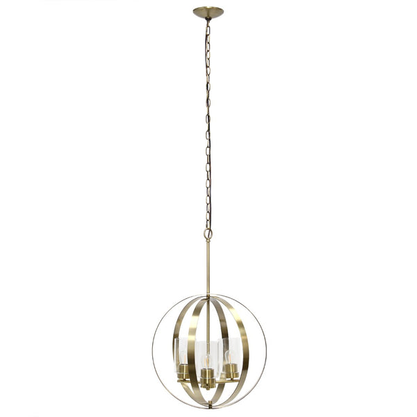 HomeRoots Antiqued Brass Sphere Three-Light Ceiling Light Fixture with Clear Shades for Vintage Elegance 651701