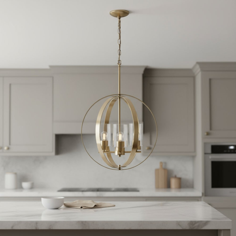 HomeRoots Antiqued Brass Sphere Three-Light Ceiling Light Fixture with Clear Shades for Vintage Elegance 651701