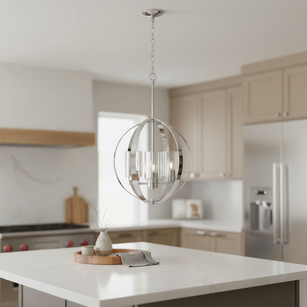 HomeRoots Silver Elegant Three-Light Ceiling Fixture with Clear Glass Shades – Adjustable Height for Any Space 651703