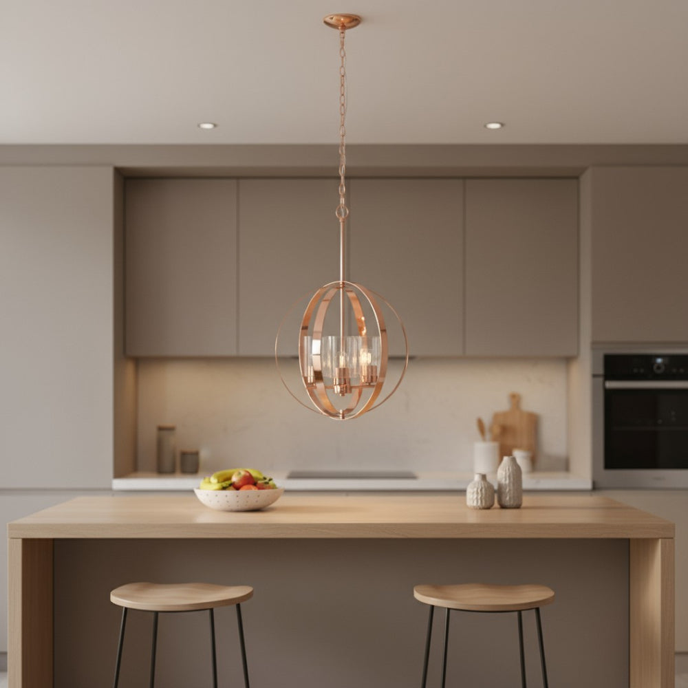 HomeRoots Rose Gold Sphere Three-Light Ceiling Fixture - Modern Iron Pendant with Clear Shades for Stylish Spaces 651706