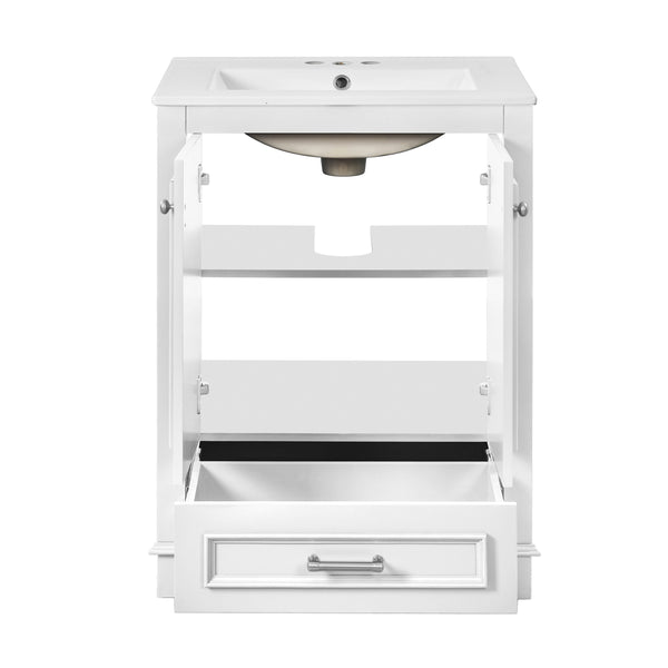 English Elm 24'' Bathroom Vanity with Ceramic Sink Combo Modern Freestanding MDF Cabinet with Soft-Close Doors and Sleek Silver Handles for Spacious Organized Bathroom Storage White N710P194893K