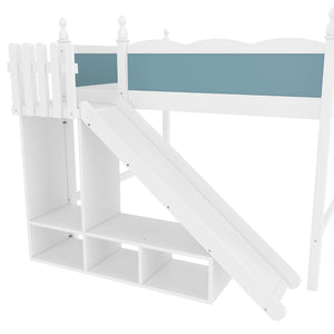 English Elm Queen Loft Bed With Storage Shelves, Fun Detachable Slide, Solid Wood Design, Blue & White Finish W1580S00249-GIGA