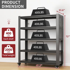 English Elm 72"H Heavy Duty 5-Tier Metal Shelving with Pegboards & Lockable Wheels, 2000LB Capacity, Adjustable T2398P313256
