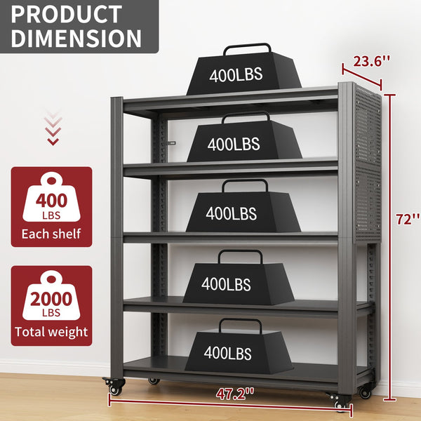English Elm 72"H Heavy Duty 5-Tier Metal Shelving with Pegboards & Lockable Wheels, 2000LB Capacity, Adjustable T2398P313256