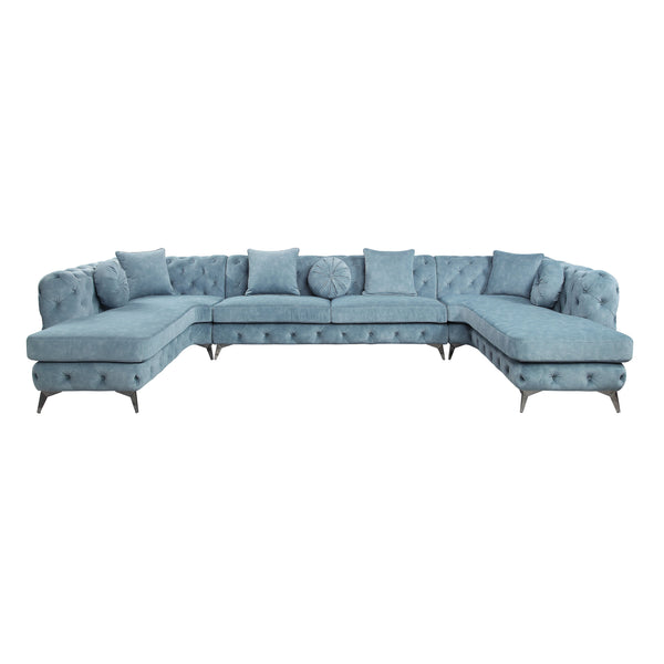 English Elm Zerah Dusty Blue Fabric Sectional Sofa with 7 Accent Pillows, Button Tufted, Pocket Coil Comfort B2726S00354