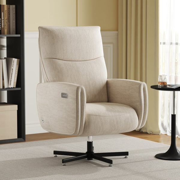 English Elm Power Swivel Velvet Recliner with Usb Charging for Living Room or Home Office Beige White W3568P431978