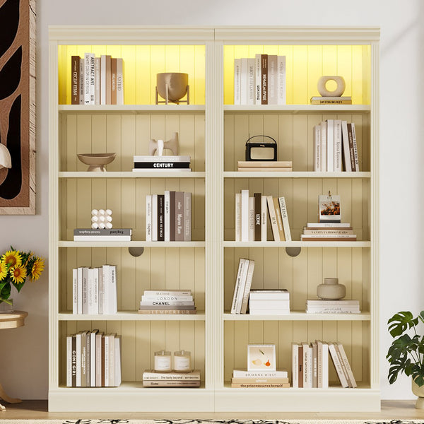 English Elm 83" 5-Tier Bookcase Suite with LED Light Strip, Adjustable Shelves, Cable Management & Solid Wood Frame Beige+yellow N751S246920A