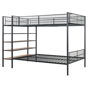English Elm Twin Twin Over Full Metal Bunk Bed with 5-Tier Staircase Shelves, Space-Saving Storage & Wood Accents Black SF000175AAB