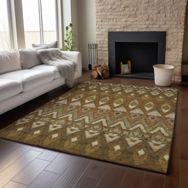 HomeRoots 10' X 14' Southwestern Washable Area Rug - Brown, Sage, Beige with UV Protection for Busy Homes 651899
