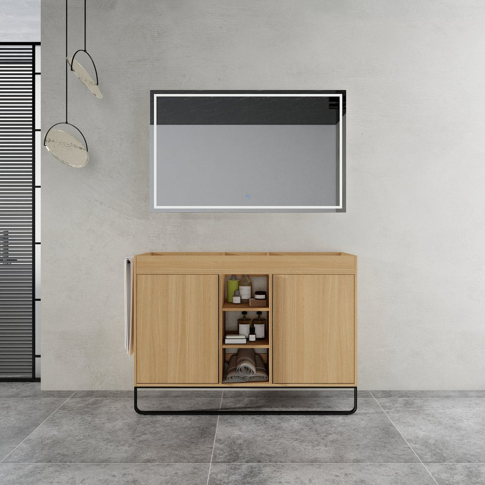 English Elm 48" Freestanding Bathroom Vanity Cabinet with 2 Soft-Close Doors, 3 Open Shelves, Towel Hanger, Boxes Designed for Organized Storage W999P376885