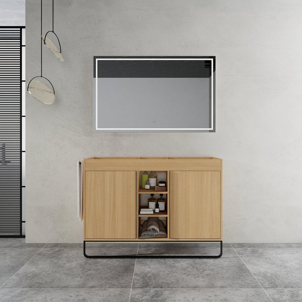 English Elm 48" Freestanding Bathroom Vanity Cabinet with 2 Soft-Close Doors, 3 Open Shelves, Towel Hanger, Boxes Designed for Organized Storage W999P376885