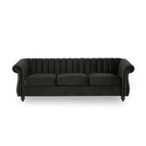 Christopher Knight Home® - Noble House - - 84-Inch Black 3-Seater Velvet Sofa – Button Tufted With Nailhead Trim, Curved Backrest, And Rolled Arms, Stylish And Elegant Couch For Modern Living Rooms, Durable Upholstery, Luxury Design