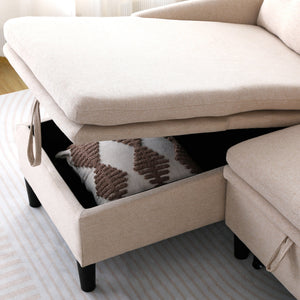 English Elm L-Shaped Reversible Chaise Sectional Sofa with Storage and Fold-Out Bed Cotton-Linen Modern Design Beige W3371S00024