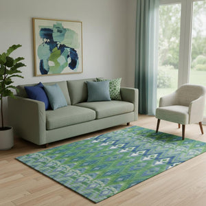 HomeRoots 5' Southwestern Washable Area Rug in Green, Blue & Ivory – UV Protected, Durable & Stylish Design! 651901