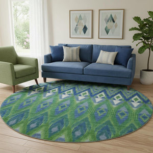 HomeRoots 8' Southwestern Washable Round Rug in Green, Blue & Ivory - UV Protected, Stain Resistant & Durable 651902