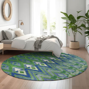 HomeRoots 8' Southwestern Washable Round Rug in Green, Blue & Ivory - UV Protected, Stain Resistant & Durable 651902
