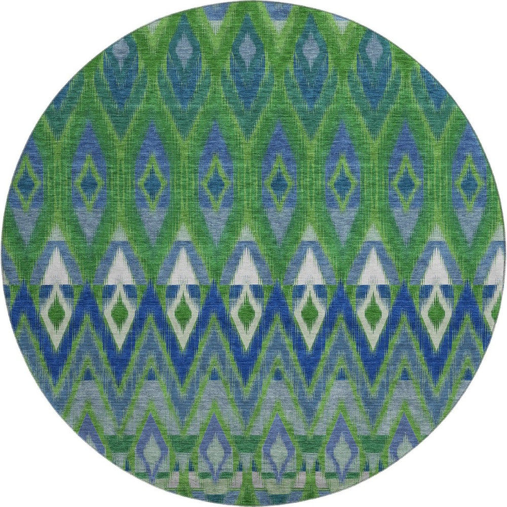 HomeRoots 8' Southwestern Washable Round Rug in Green, Blue & Ivory - UV Protected, Stain Resistant & Durable 651902