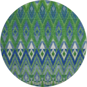 HomeRoots 8' Southwestern Washable Round Rug in Green, Blue & Ivory - UV Protected, Stain Resistant & Durable 651902