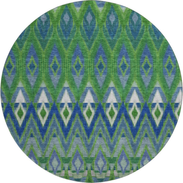 HomeRoots 8' Southwestern Washable Round Rug in Green, Blue & Ivory - UV Protected, Stain Resistant & Durable 651902